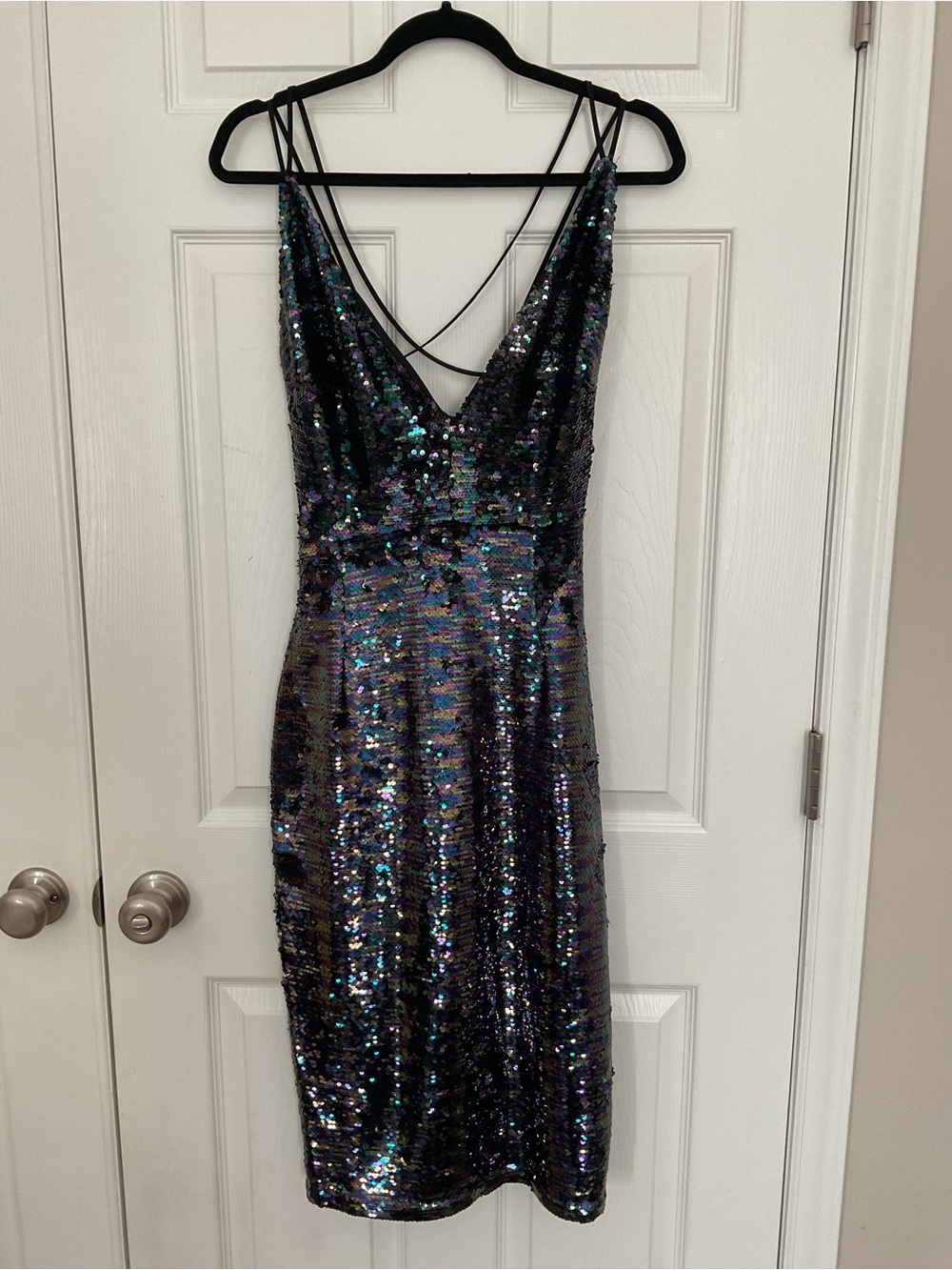 ASOS Iridescent Black Sequin Midi Dress with Double Straps
